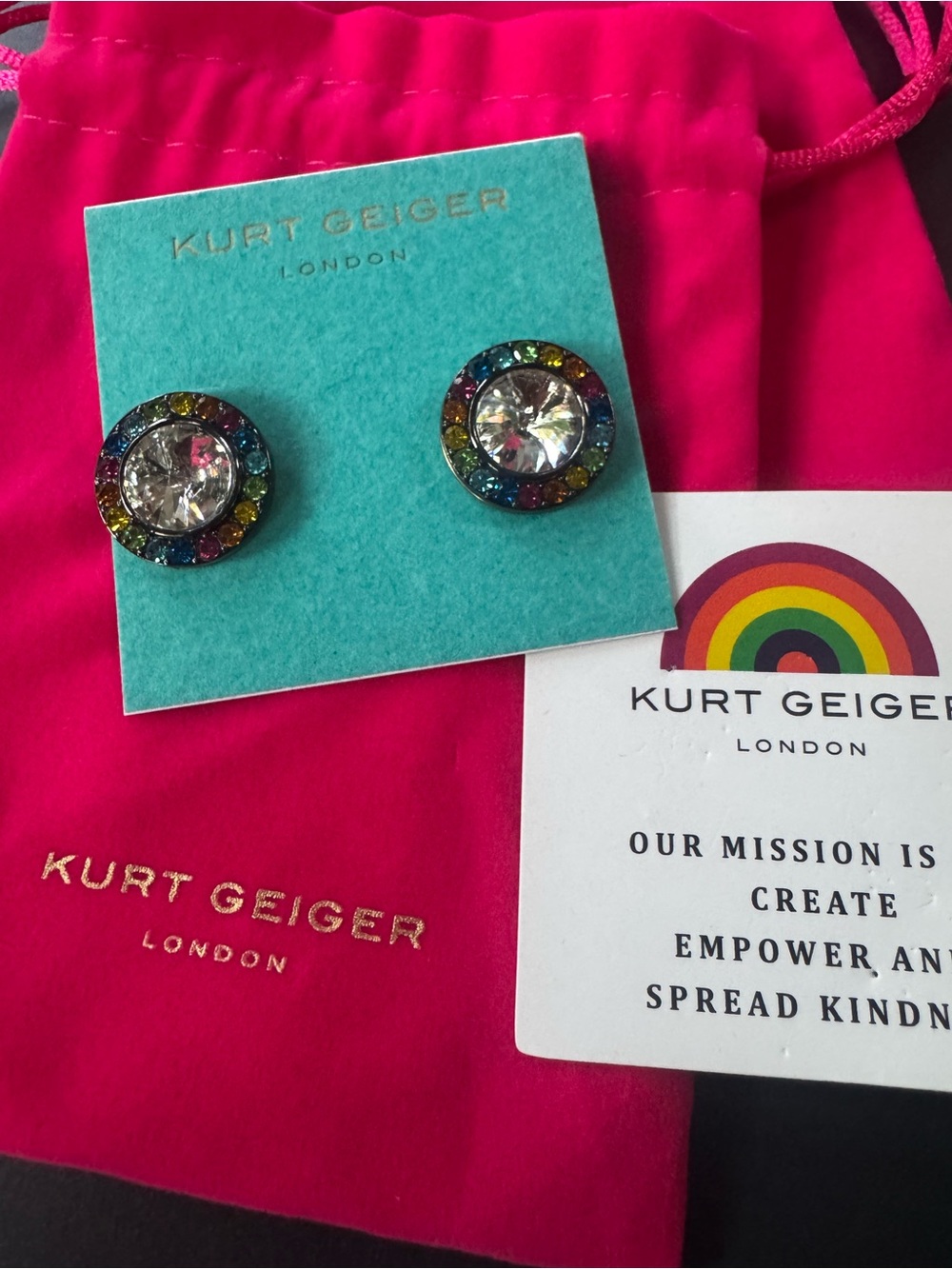 NWT $78 Kurt Geiger Rainbow Crystals Stud Earrings with Dusty
